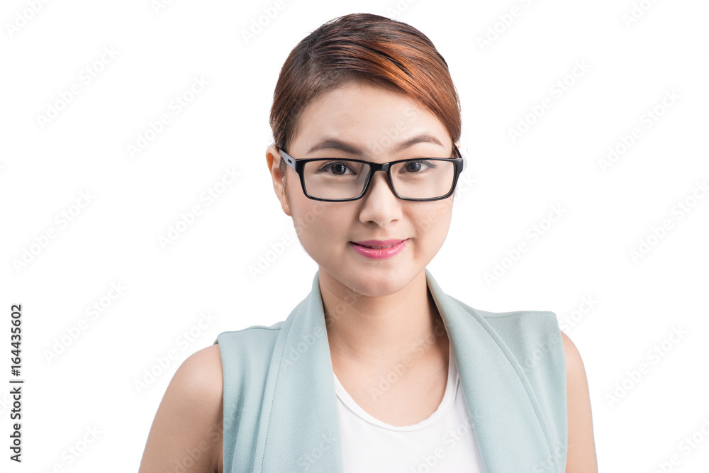 Beautiful asian young business woman on white background.