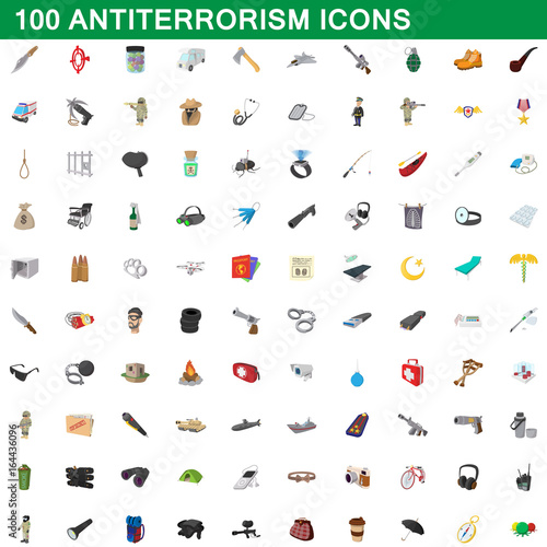 100 antiterrorism icons set, cartoon style