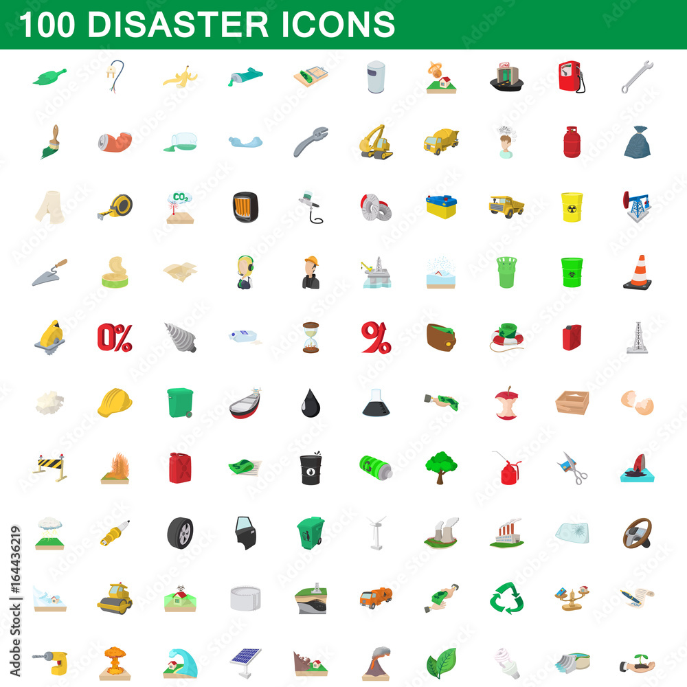 100 disaster icons set, cartoon style 100 disaster icons set, cartoon style
