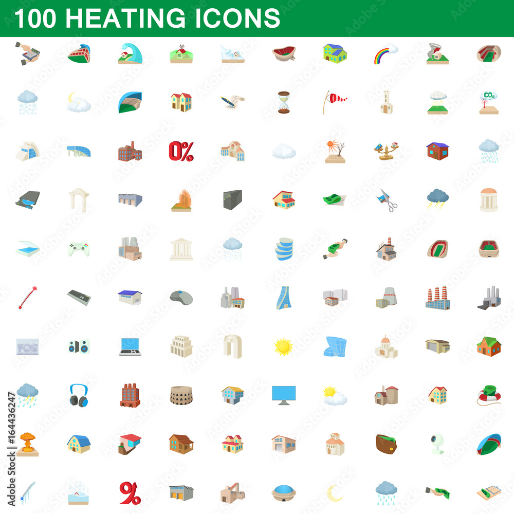 100 heating icons set, cartoon style 100 heating icons set, cartoon style