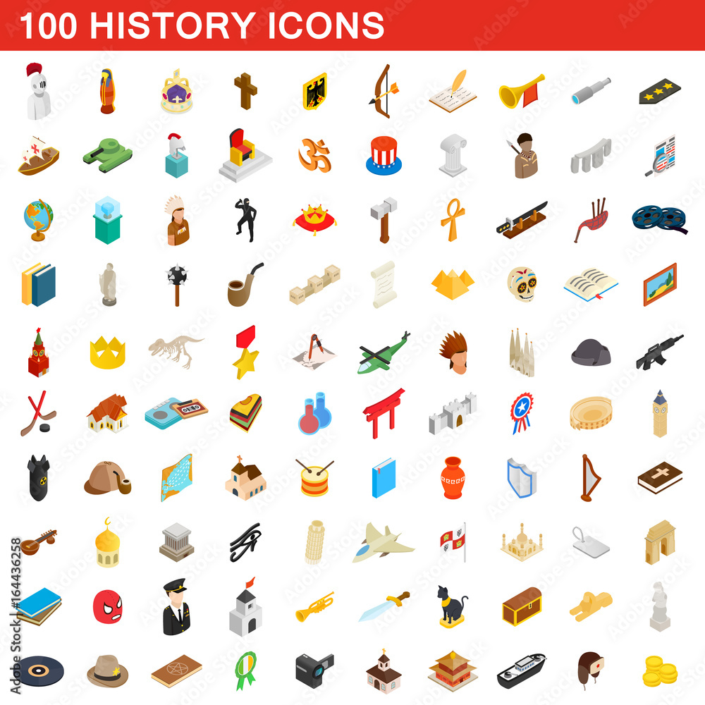 100 history icons set, isometric 3d style