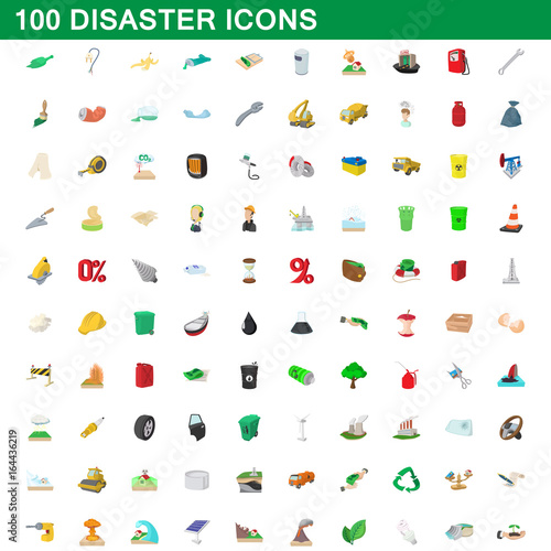 100 disaster icons set, cartoon style