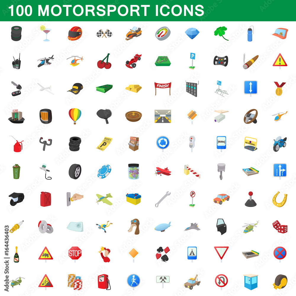 Φωτογραφία 100 motorsport icons set, cartoon style
