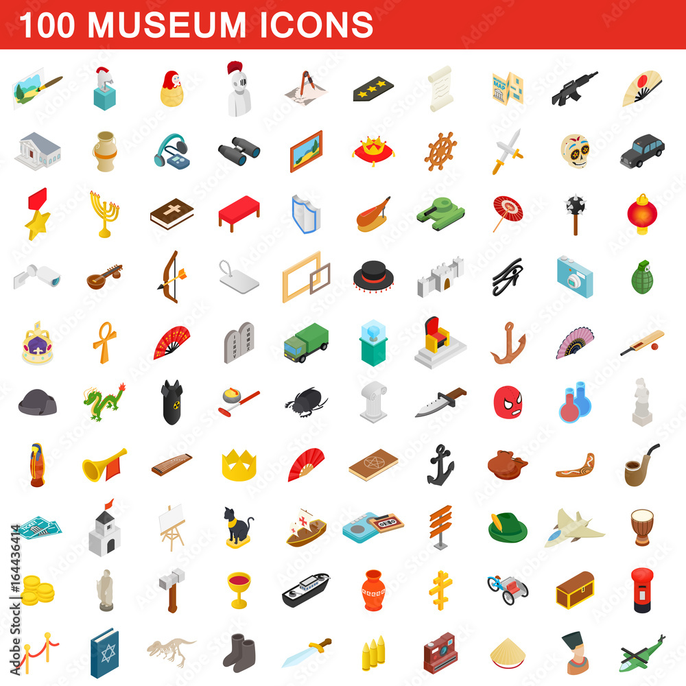100 museum icons set, isometric 3d style 100 museum icons set, isometric 3d style
