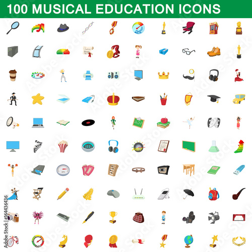 100 musical education icons set  cartoon style