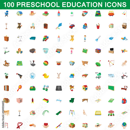 100 preschool education icons set, cartoon style