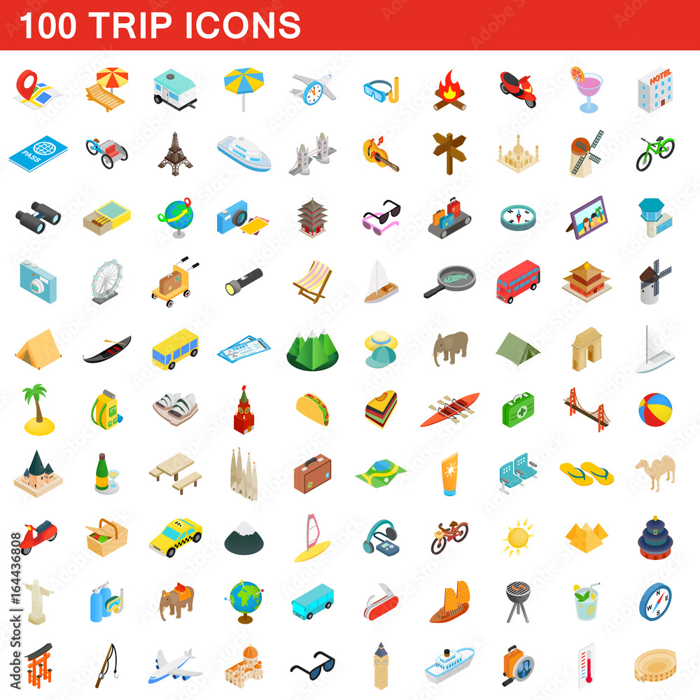 100 trip icons set, isometric 3d style