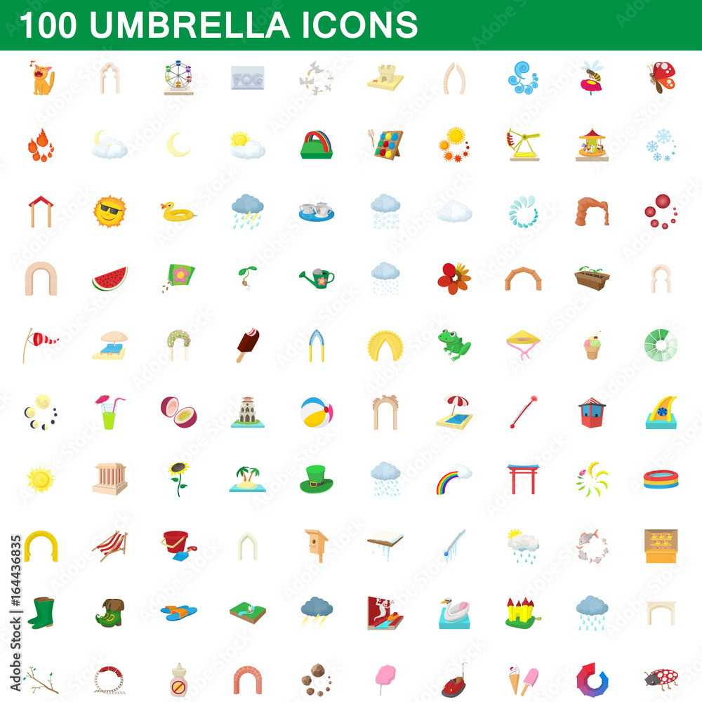 100 umbrella icons set, cartoon style 100 umbrella icons set, cartoon style