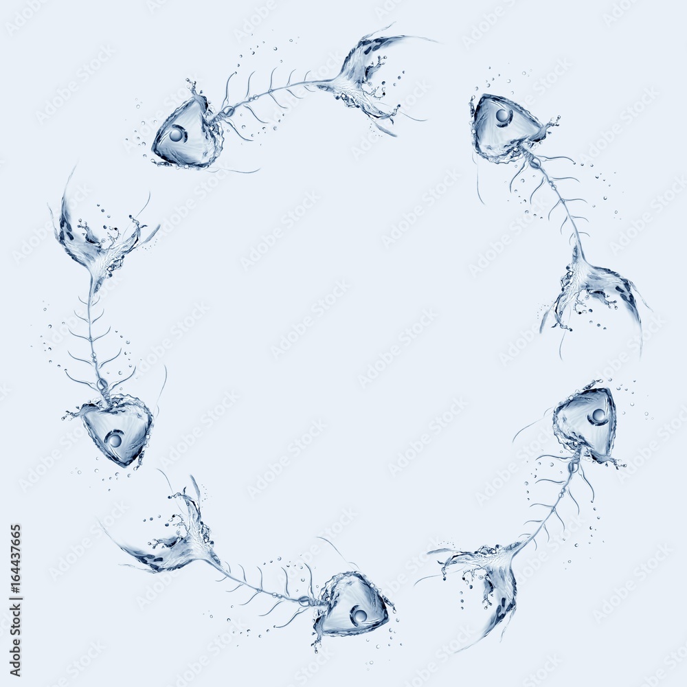 Water fishbones circling around each other in blue water.