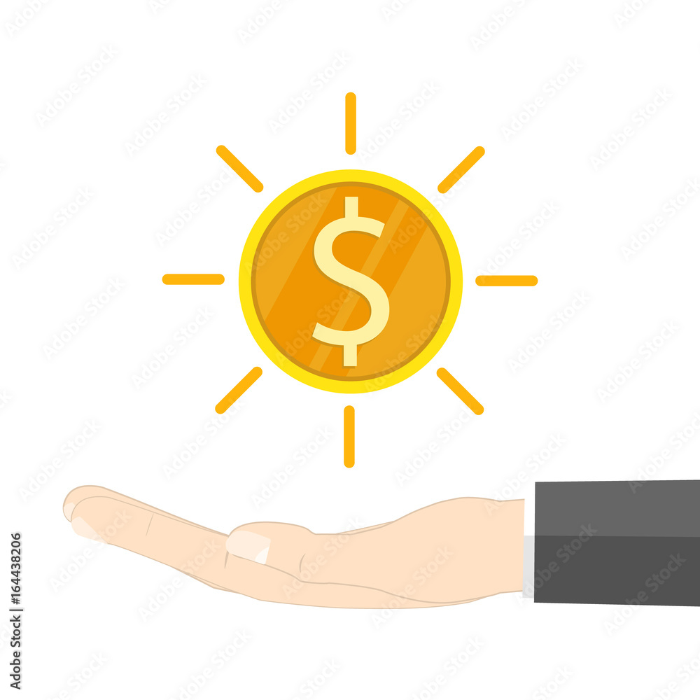 gold dollar coin float on hand flat vector gold dollar coin float on hand flat vector