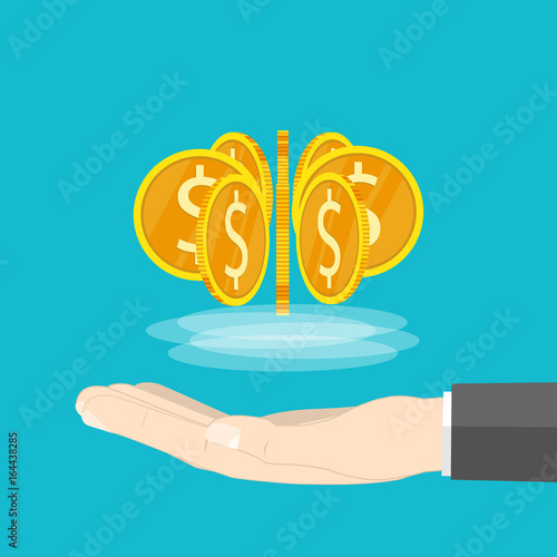 gold dollar coin spin on hand,coin float on hand flat vector