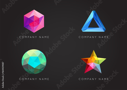 Trendy Crystal Triangulated Gem Logo Elements. Perfect for Business. Geometric Low Polygon Style. Visual Identity Vector Set Collection.