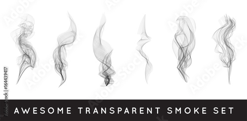 Set of digital realistic smoke vector illustration, curly smoke flow collection, curved transparent smoke flow image, grey smoke flow, vertical smoke flow, 3D smoke flow picture.