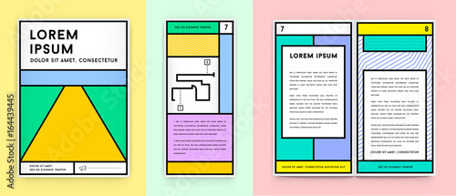 Set of Visual identity in Trendy New Fat Line Style Geometric Design in Retro Style with Fresh Old School Colours with Fictitious names and text
