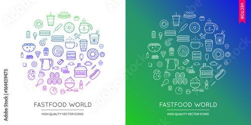 Vector Set of Fast Food Modern Flat Thin Icons Inscribed in Round Shape