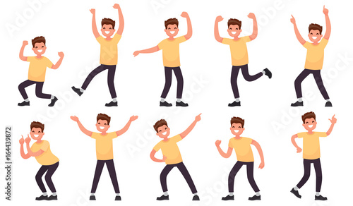 Set of a happy male character. Joyful emotions of a man. Vector illustration in a flat style