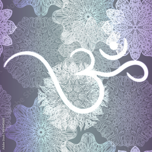 Ornate floral seamless texture, endless pattern with glowing bright mandala elements and ohm symbol