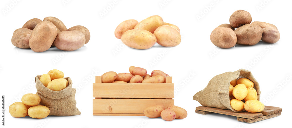 Collage of raw potatoes on white background Collage of raw potatoes on white background