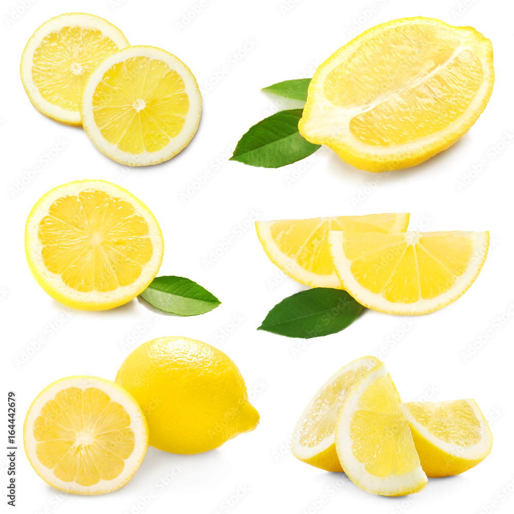 Collage of fresh lemon on white background