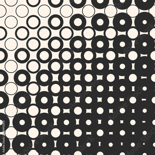 Vector halftone seamless pattern with morphing geometric shapes, circles and squares. Half tone abstract monochrome background. Diagonal gradient transition effect. Stylish design for decor, prints