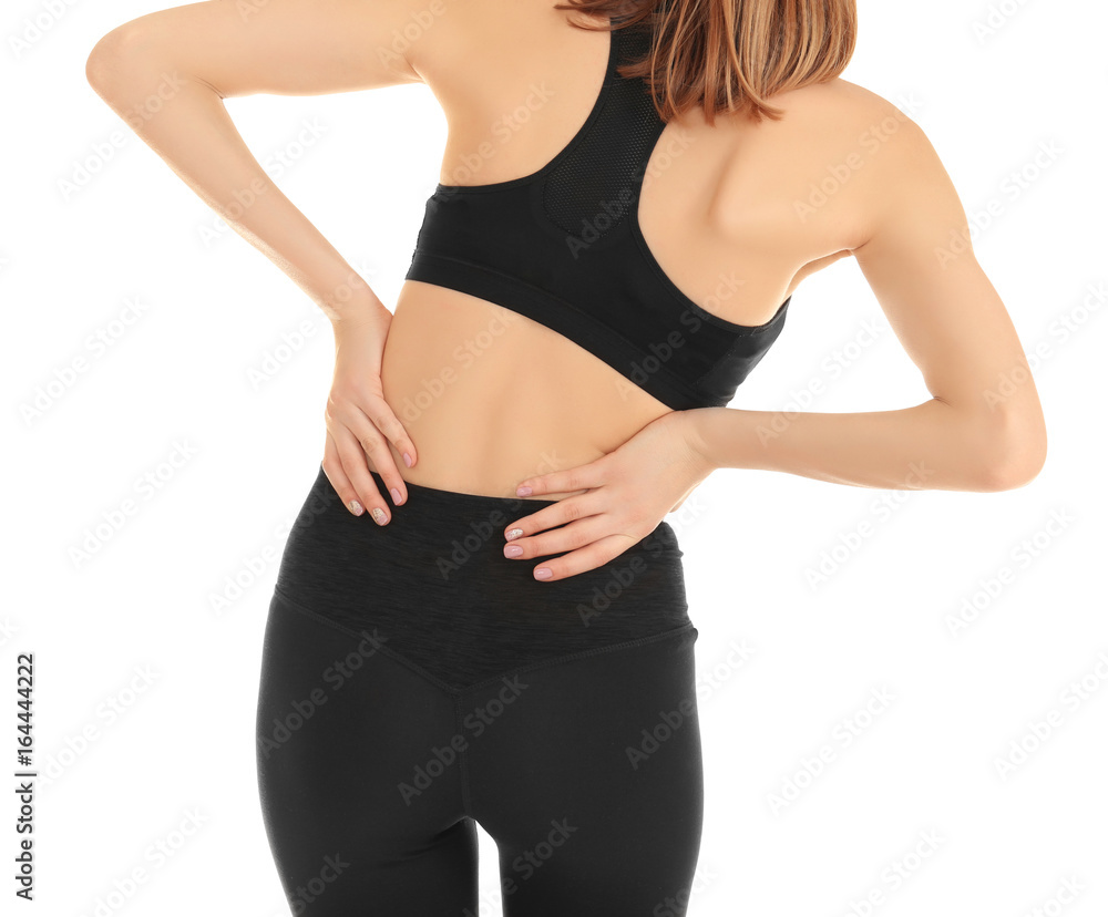 Young woman suffering from pain on white background. Concept of orthopedist Young woman suffering from pain on white background. Concept of orthopedist