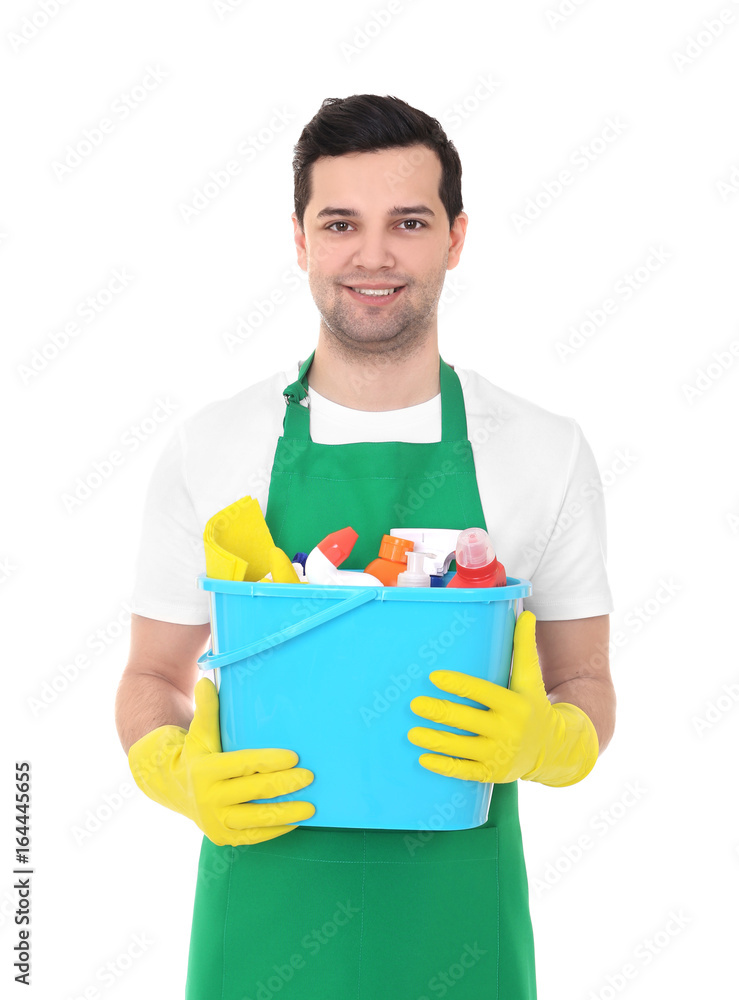 Young man with cleaning products on white background Young man with cleaning products on white background