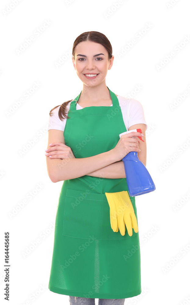 Young woman in green apron on white background. Cleaning service concept Young woman in green apron on white background. Cleaning service concept