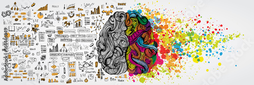 Left and right human brain with social infographic on logical side. Creative half and logic half of human mind. Vector illustration aboud social communication and business work photo