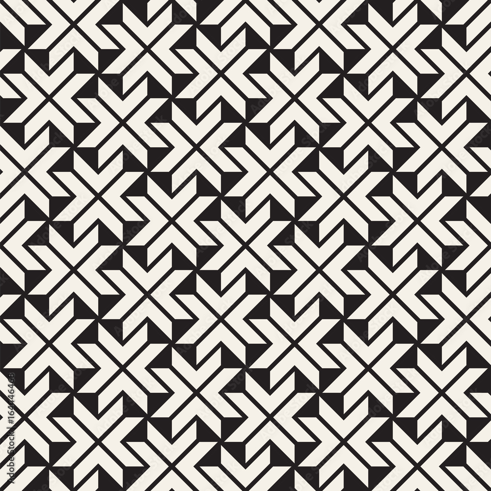 Vector Seamless Black And White Lines Pattern Abstract Background. Cross Shapes Geometric Tiling Ornament. Vector Seamless Black And White Lines Pattern Abstract Background. Cross Shapes Geometric Tiling Ornament.