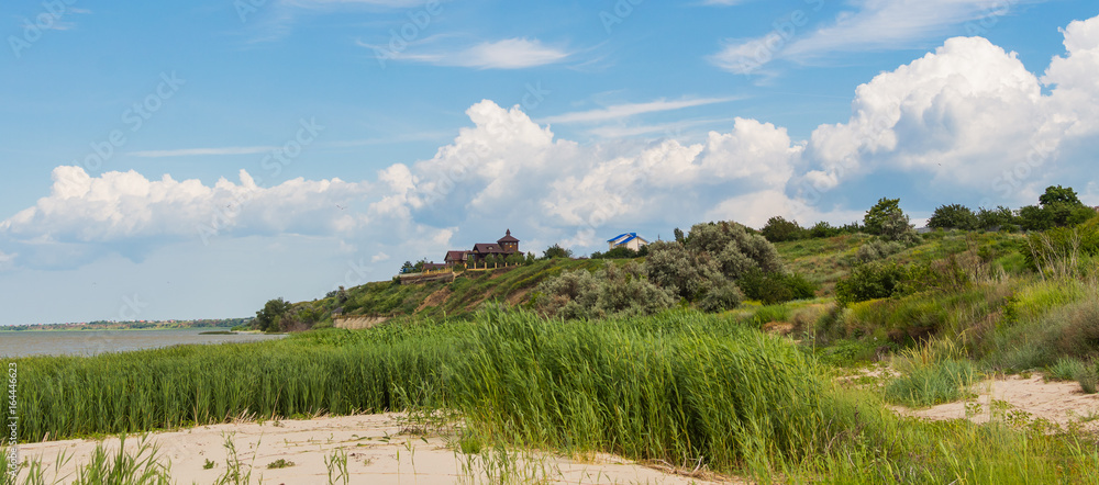 Sea landscape. Terrain on the coast of the Azov Sea in the Rostov region