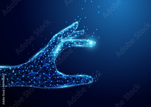 Wireframe A hand picking something sign mesh from a starry on blue background