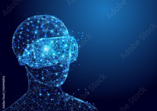 Wireframe man with VR headset sign mesh from a starry and start up concept background. Future technology concept