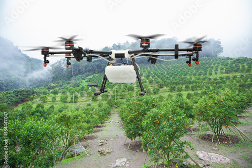 Agriculture drone flying above orange garden at hill