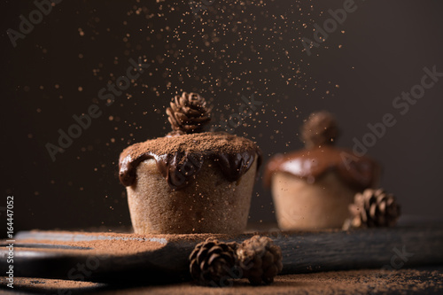 Chocolate muffins, decorated with a small cone on a dark wooden background. Cupcakes are poured with dark chocolate and cocoa powder. Cupcakes with unusual decoration. Low key