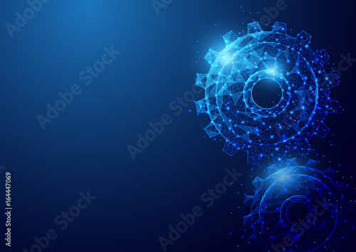 Wireframe two gear sign mesh from a starry on blue background