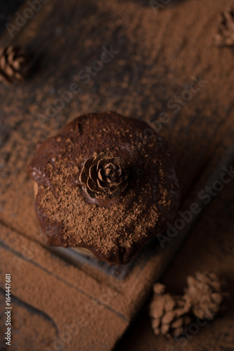 Chocolate muffins, decorated with a small cone on a dark wooden background. Low key. Cupcakes are poured with dark chocolate and cocoa powder. Cupcakes with unusual decoration.