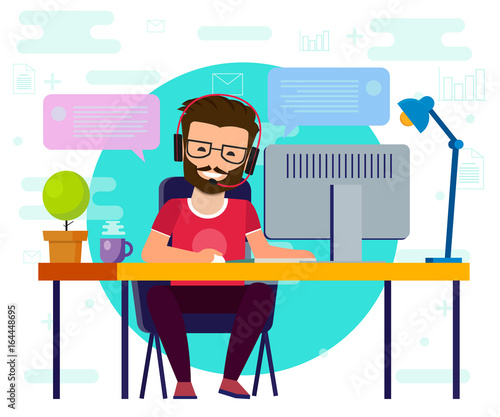 Man working on computer. Work desk, flat cartoon person character, idea of freelancer workplace, online internet conversation image. Vektor EPS10