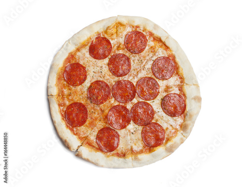 fresh italian classic original pepperoni pizza isolated on white background. Flat lay, top view