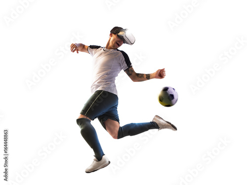 soccer player virtual reality helmet in action isolated