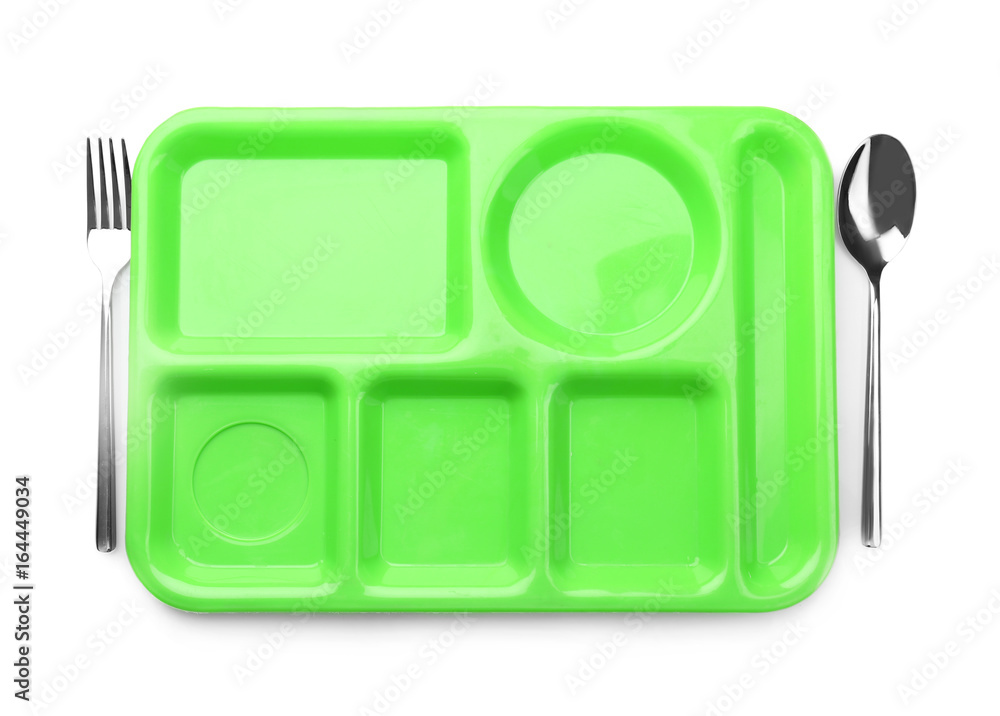 Empty serving tray for food on white background. Concept of school