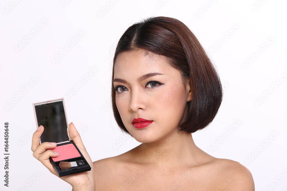 Cosmetic, Applying Make up, Beauty Process, white studio background, Perfect Healthy Skin, black space Powder palette Cosmetic, Applying Make up, Beauty Process, white studio background, Perfect Healthy Skin, black space Powder palette