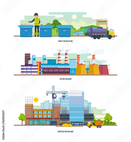 Waste for recycling, factory, construction building. Architectural building. Cleaning city.