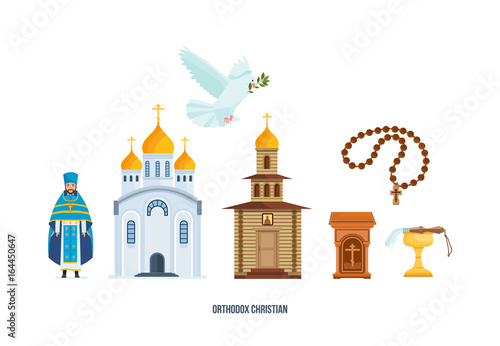 Fototapeta Christian cross, church, chapel, pigeon with branch, priest in cassock