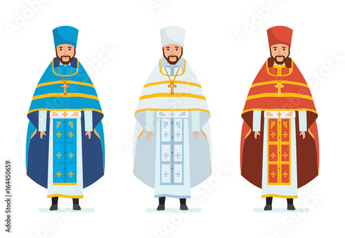 Religious priests, in beautiful spiritual robes, cassocks, vestments. Service. photo
