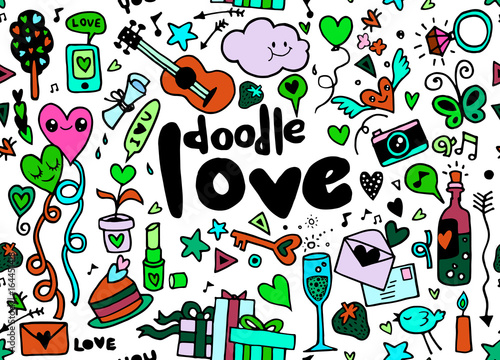 Love hand lettering and doodles elements sketch background. seamless background doodle vector.
