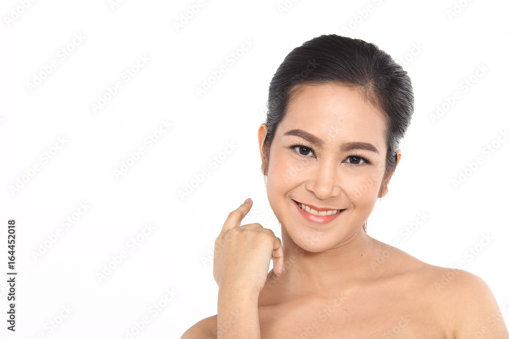 Beautiful Asia Thai woman with black hair, open shoulder and smile, face close up portrait studio on white, copy space for text Beautiful Asia Thai woman with black hair, open shoulder and smile, face close up portrait studio on white, copy space for text