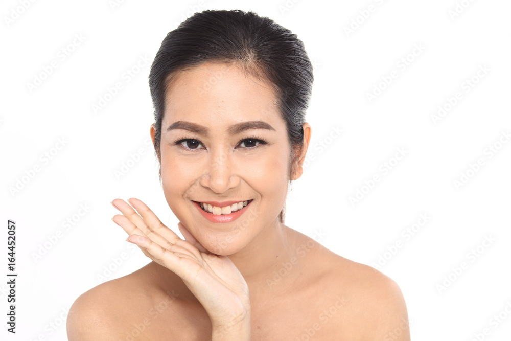 Beautiful Asia Thai woman with black hair, open shoulder and smile, face close up portrait studio on white, copy space for text Beautiful Asia Thai woman with black hair, open shoulder and smile, face close up portrait studio on white, copy space for text