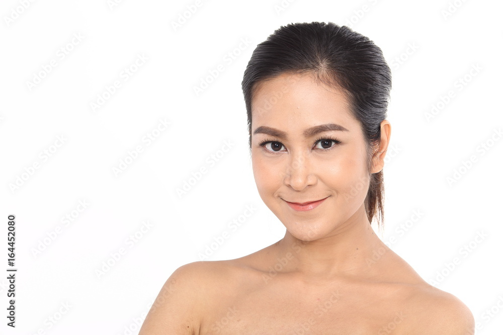 Beautiful Asia Thai woman with black hair, open shoulder and smile, face close up portrait studio on white, copy space for text Beautiful Asia Thai woman with black hair, open shoulder and smile, face close up portrait studio on white, copy space for text