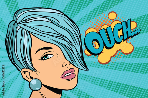Calm beautiful woman with short hair, skeptical reaction ouch