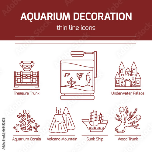 Thin line vector icons - aquarium decoration tools